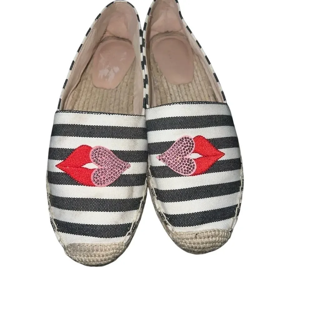 EUC KATE SPADE BLACK WHITE STRIPES Gimlet Heart Lips Espadrille Flats SZ 7